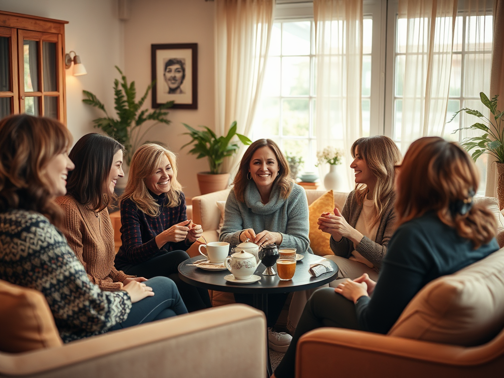 Een gezellige bijeenkomst van vrouwen met thee en gesprekken.