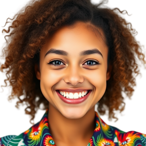 Een persoon met krullend haar, lachend naar de camera.