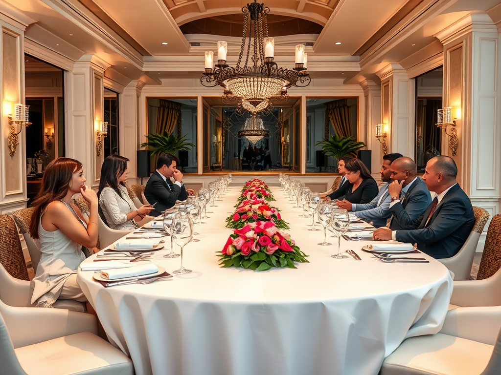 Een luxe gedekte tafel met professionals in gesprek.