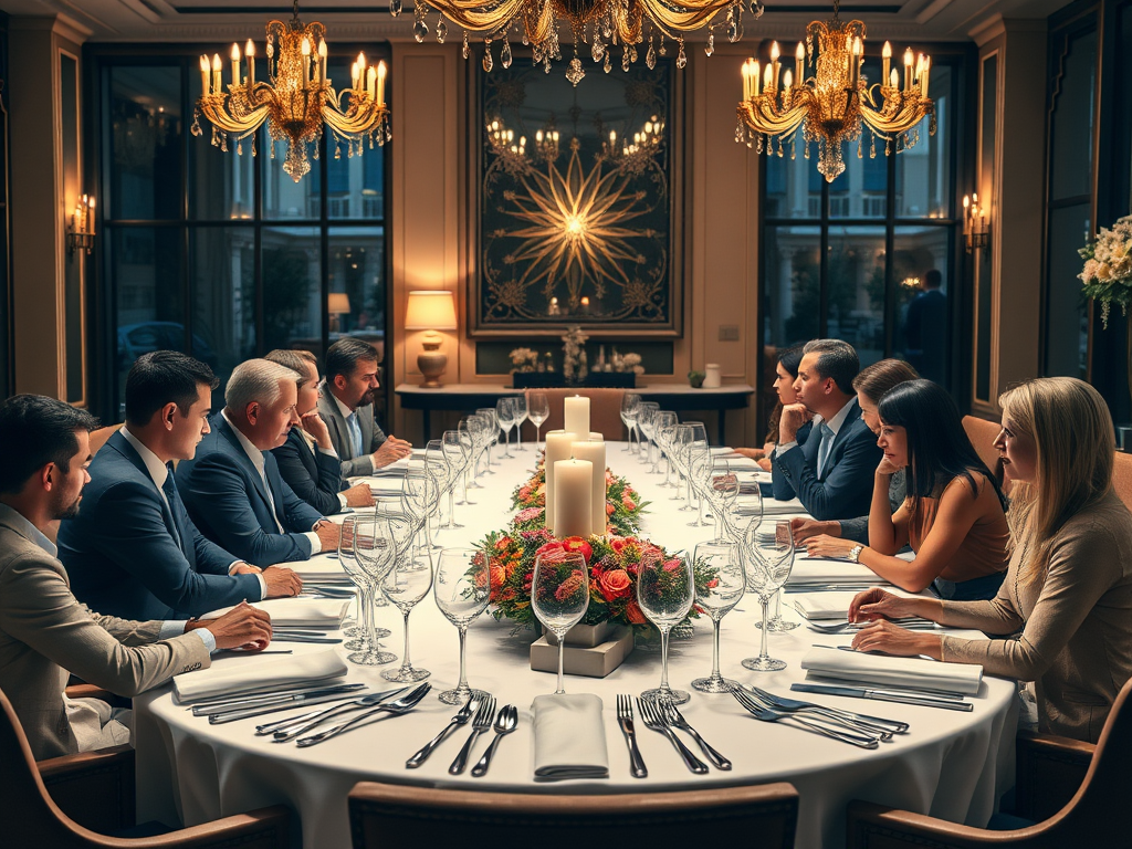Een luxe dinertafel met professionals in gesprek.