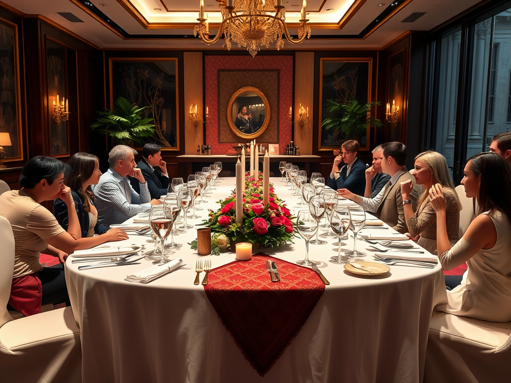 Een luxe dinertafel met gasten in gesprek.
