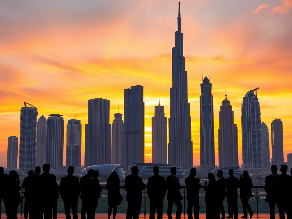 Een silhouet van professionals met de skyline van Dubai bij zonsondergang.
