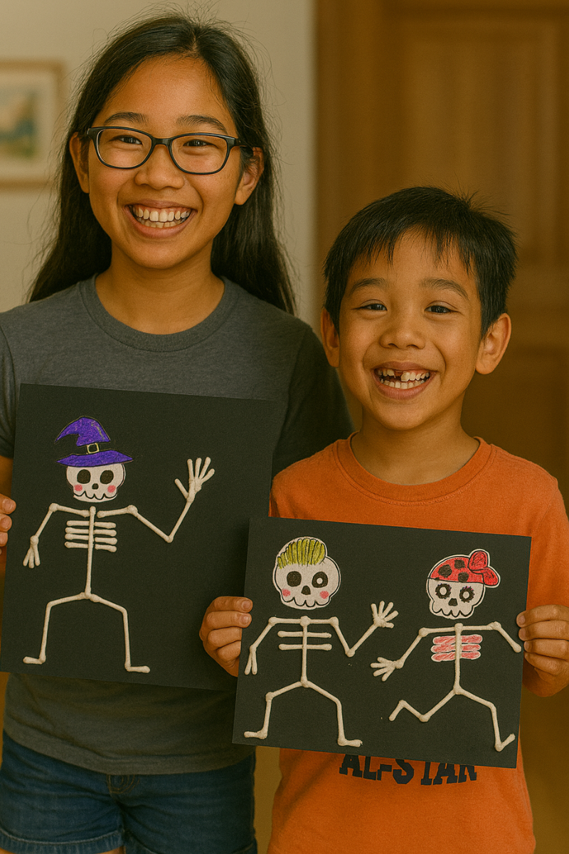 Heel trots zijn Mei en Timo op hun leuke skeletjes