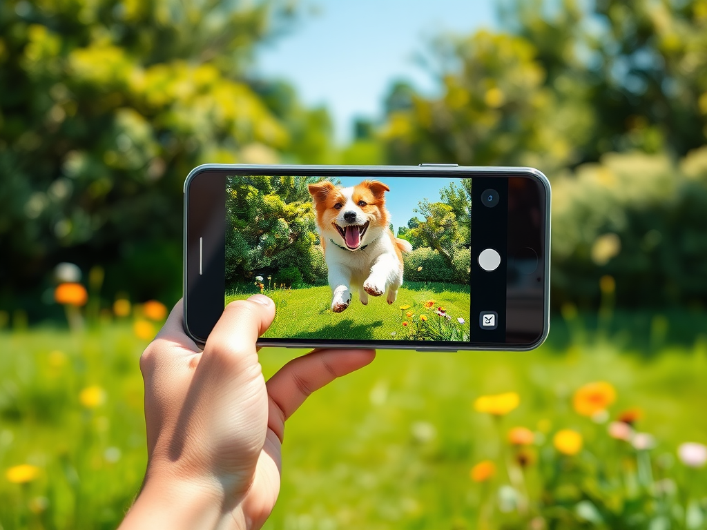A joyful person holding a smartphone, capturing a lively dog mid-jump in bright natural sunlight, surrounded by green grass and vibrant flowers.