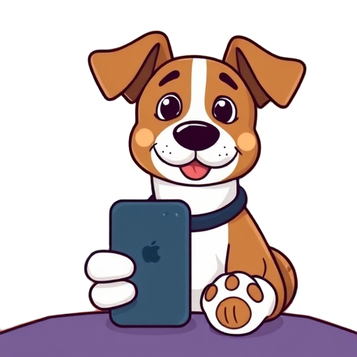 "smartphone" "dog" "camera" "paw print" "home setting" "bright colors"