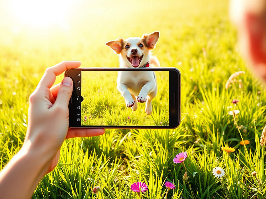 A joyful person holding a smartphone, capturing a lively dog mid-jump in bright natural sunlight, surrounded by green grass and vibrant flowers.