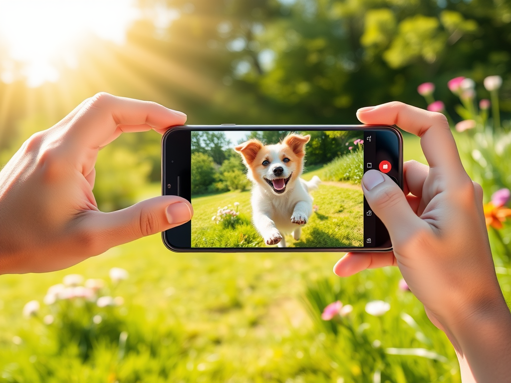 A joyful person holding a smartphone, capturing a lively dog mid-jump in bright natural sunlight, surrounded by green grass and vibrant flowers.
