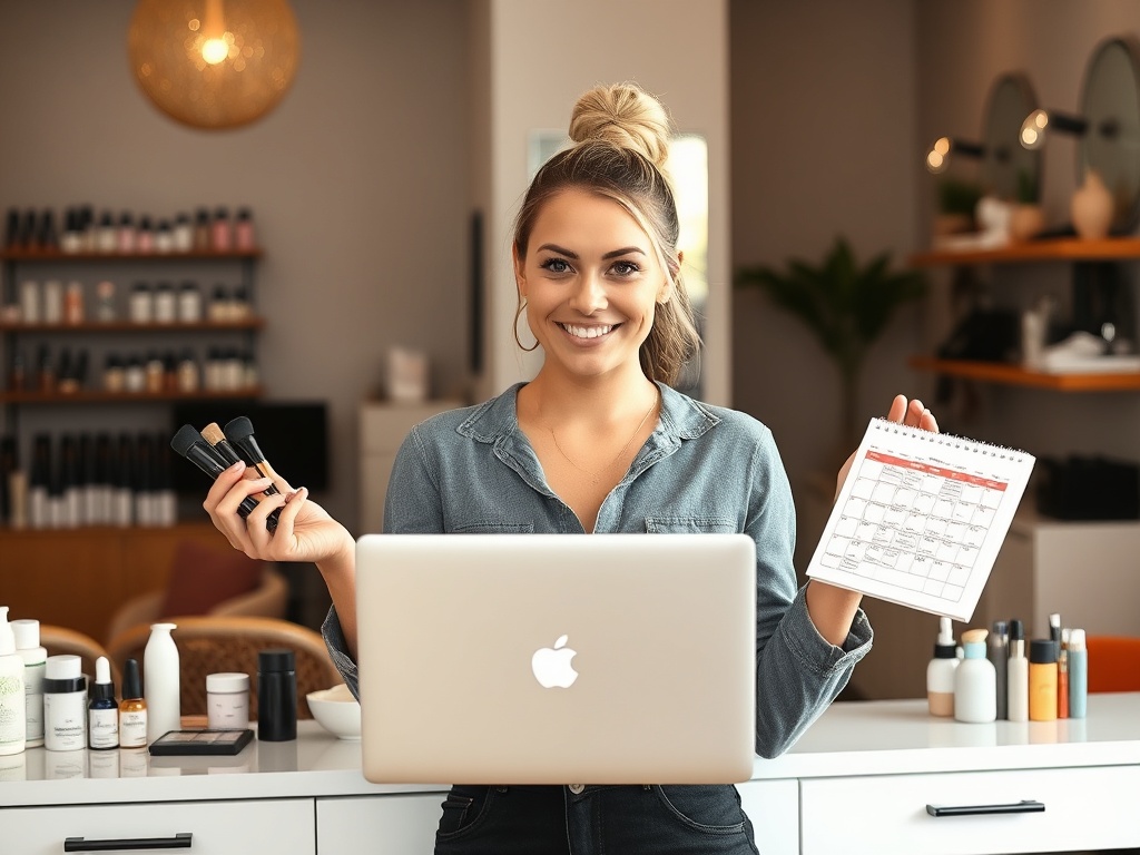 A confident solo beauty salon owner juggling cosmetics, a laptop, and a calendar; micro-experiences, sustainable products, and a subtle digital glow; warm, inviting, modern studio.