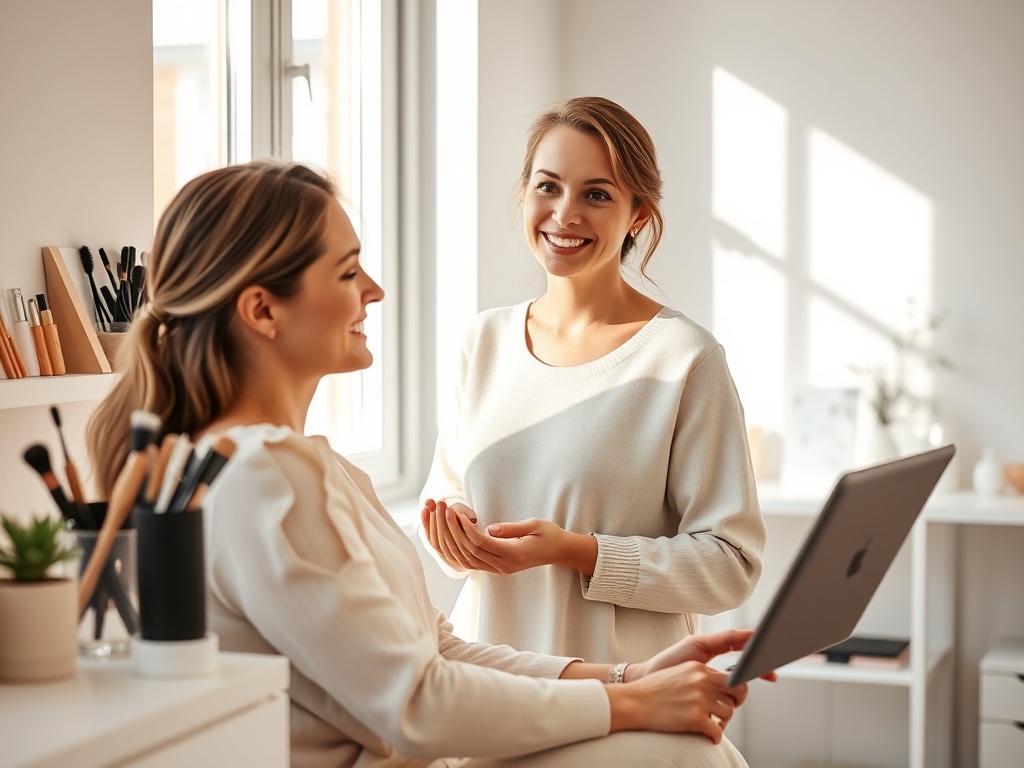 "A confident solo salon mom in a bright, modern studio, balancing beauty tools and a baby photo on a shelf, warm natural light, soft earth tones, micro-session skincare being performed, subtle digital planning elements in the background."