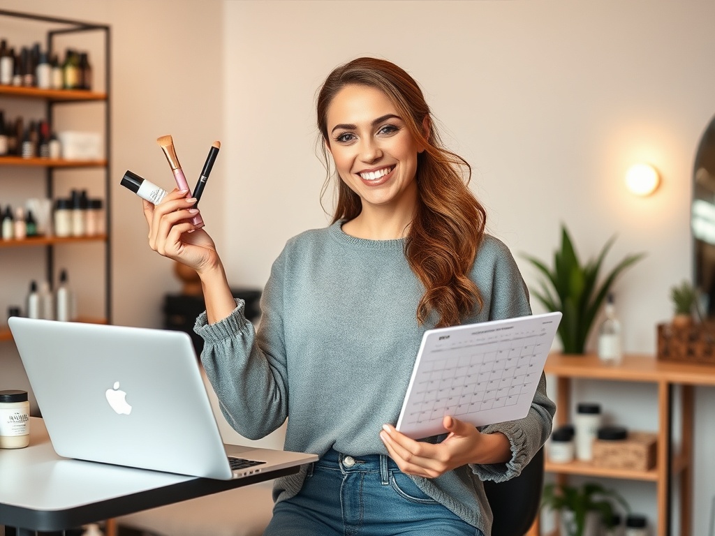 A confident solo beauty salon owner juggling cosmetics, a laptop, and a calendar; micro-experiences, sustainable products, and a subtle digital glow; warm, inviting, modern studio.