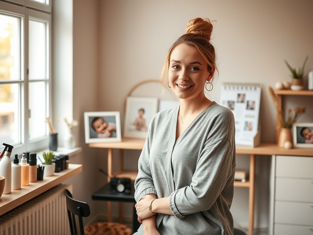 "A confident solo salon mom in a bright, modern studio, balancing beauty tools and a baby photo on a shelf, warm natural light, soft earth tones, micro-session skincare being performed, subtle digital planning elements in the background."