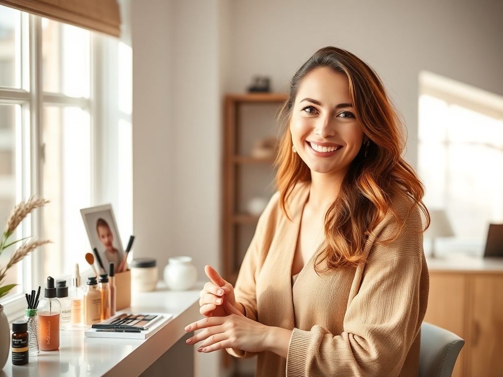 "A confident solo salon mom in a bright, modern studio, balancing beauty tools and a baby photo on a shelf, warm natural light, soft earth tones, micro-session skincare being performed, subtle digital planning elements in the background."