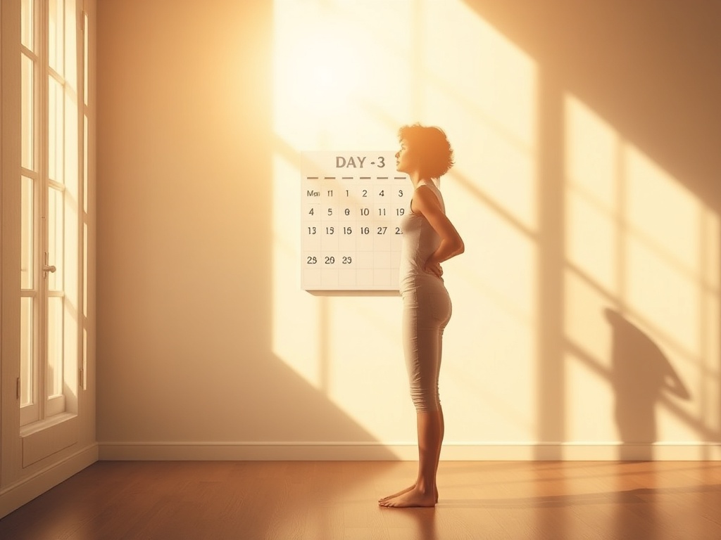 "A serene, sunlit room where a woman in calm posture stands at dawn, soft shadows, a calendar marked Day 1-3, symbols of breath, thought, action guiding her forward."