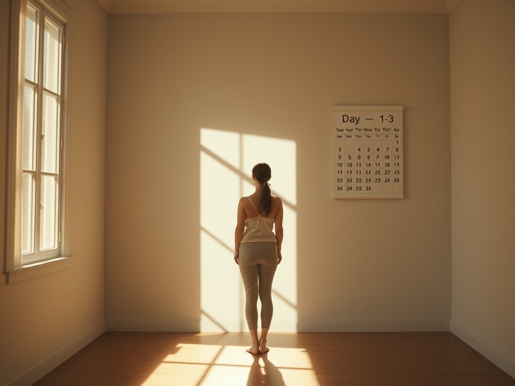 "A serene, sunlit room where a woman in calm posture stands at dawn, soft shadows, a calendar marked Day 1-3, symbols of breath, thought, action guiding her forward."