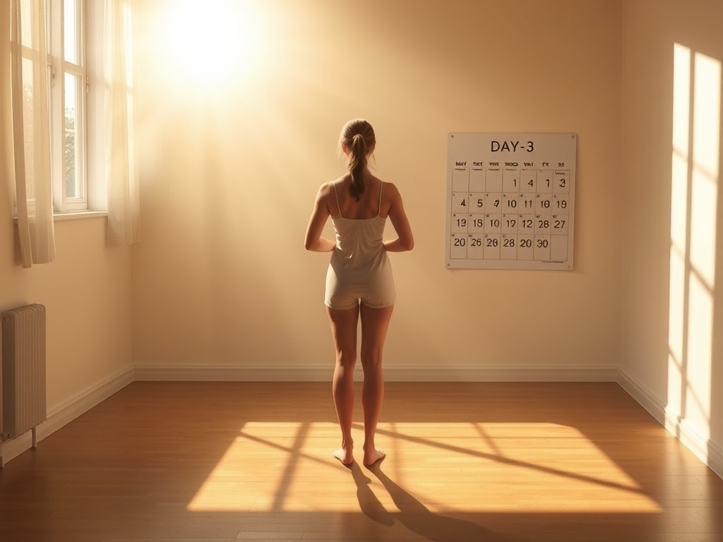 "A serene, sunlit room where a woman in calm posture stands at dawn, soft shadows, a calendar marked Day 1-3, symbols of breath, thought, action guiding her forward."