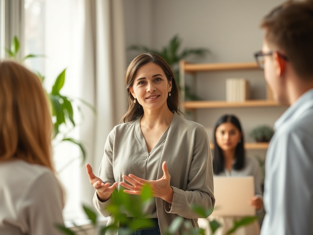 "A calm, confident woman trainer guiding a small group through a serene, organized workshop space, soft natural light, plants, warm tones, subtle gestures of reassurance."