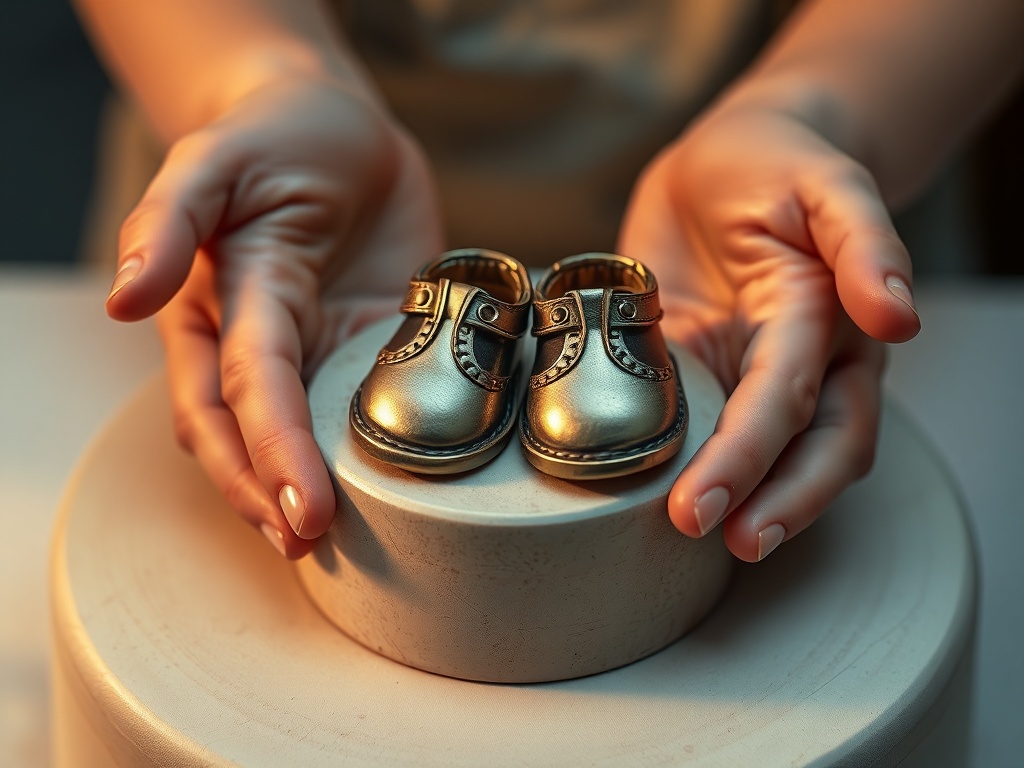 "hands gently patinating" "tiny bronze baby shoes on pedestal" "soft warm studio lighting" "subtle fingerprints" "patina green highlights"