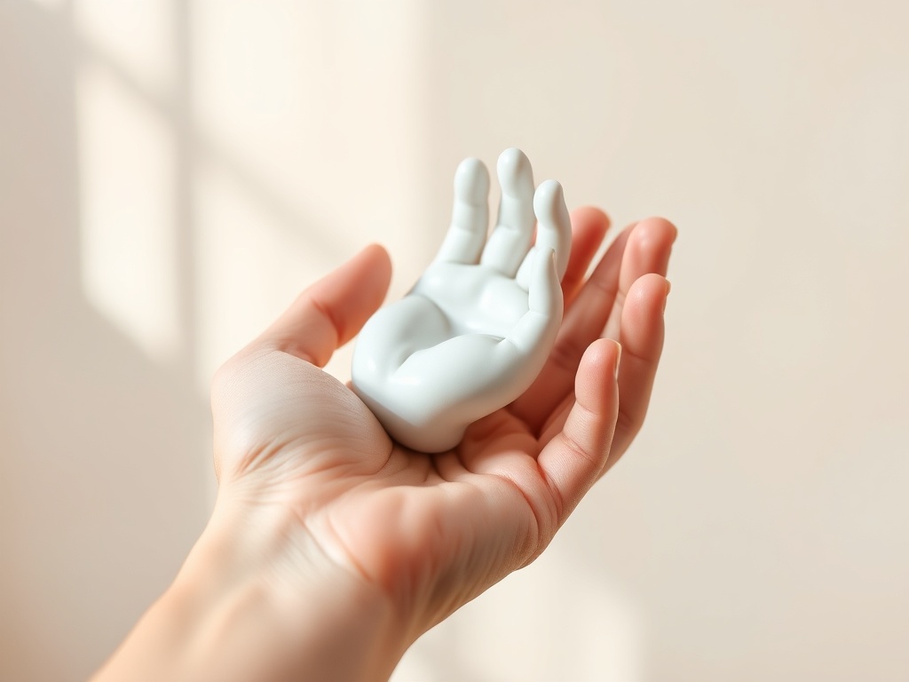 A delicate porcelain baby hand sculpture held gently by an adult hand, soft natural lighting, pastel background, artistic and tender atmosphere.
