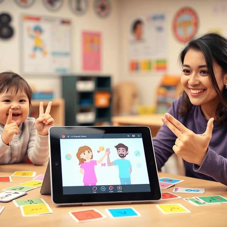 "A bright, playful classroom scene" "child and parent smiling, practicing five simple signs" "colorful flashcards scattered" "tablet showing a friendly video" "soft pastel palette, warm lighting"