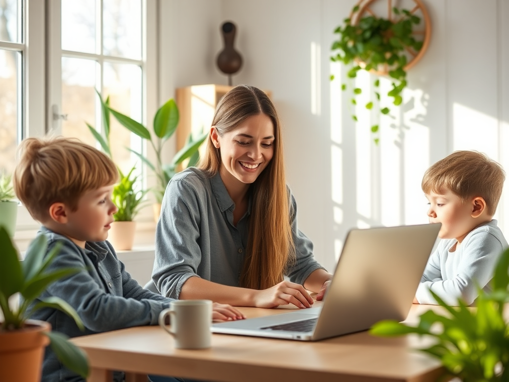 A serene home office with a laptop, a smiling parent playing with children nearby, soft natural light, calming plants, and balanced work-family atmosphere.