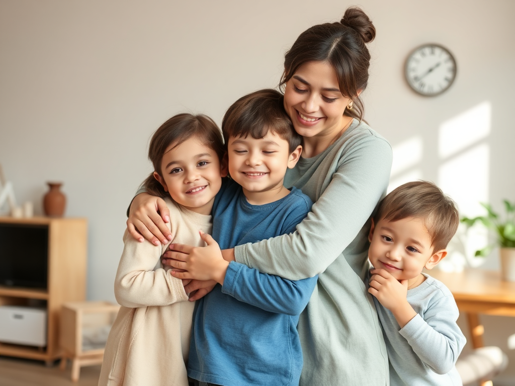 "a peaceful family of four" "soft natural lighting" "mother embracing children warmly" "calm home environment" "subtle workspace in background" "serene expressions" "gentle pastel color palette"