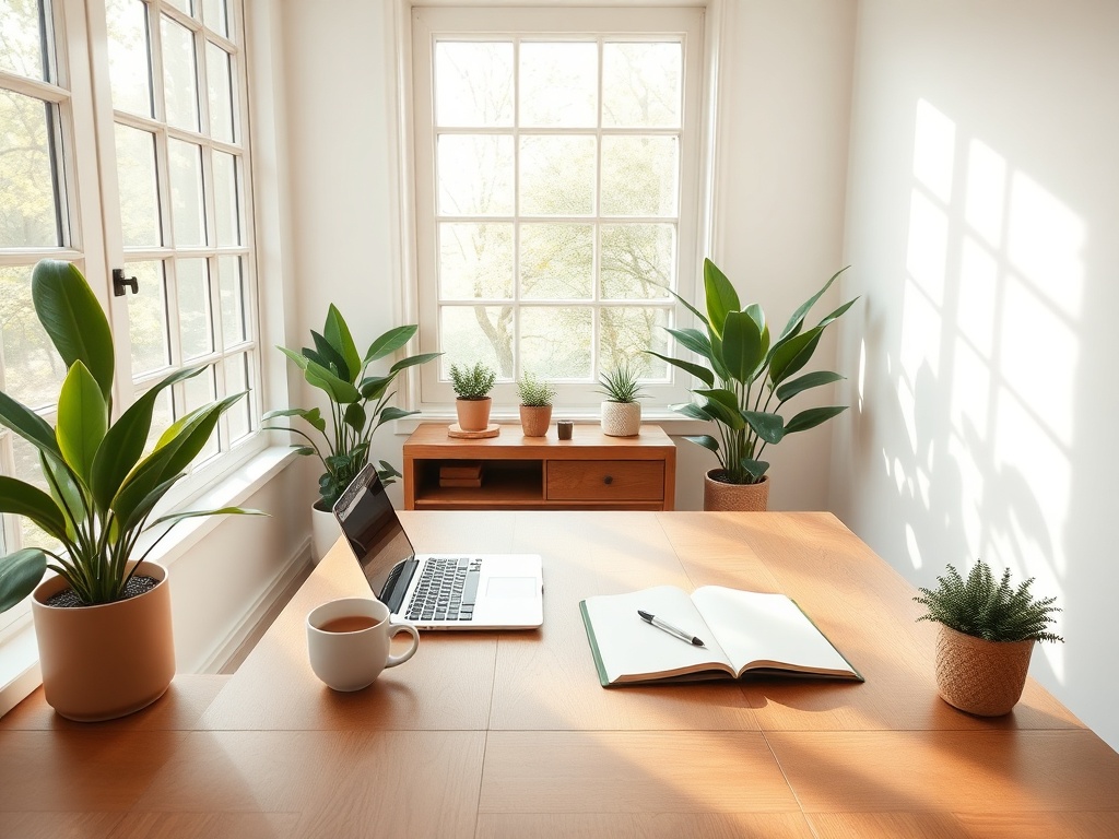 "A serene home office" "sunlit room with large windows" "wooden desk with laptop and coffee" "green plants" "open notebook and pen" "calm minimalist decor"