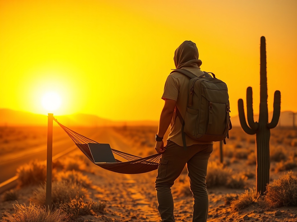 "A solitary nomad with backpack" "sunset desert highway" "compact laptop glowing" "minimalist hammock between cacti" "warm golden tones"