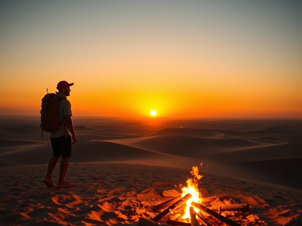 "a lone nomad guide silhouette" "sunrise over desert dunes" "backpack, map, compass beside a campfire" "vast open sky, warm golden light"