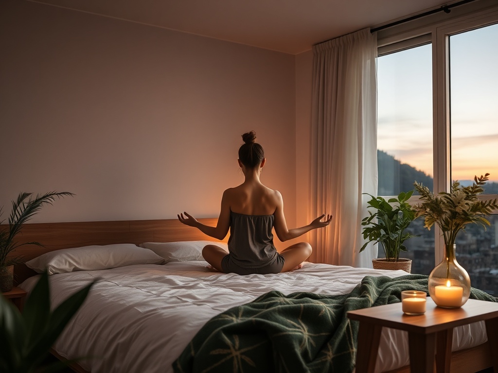 A cozy bedroom at dusk, soft lighting, a person meditating by the bed, breathing exercises on a bedside table, calming greens and natural textures.