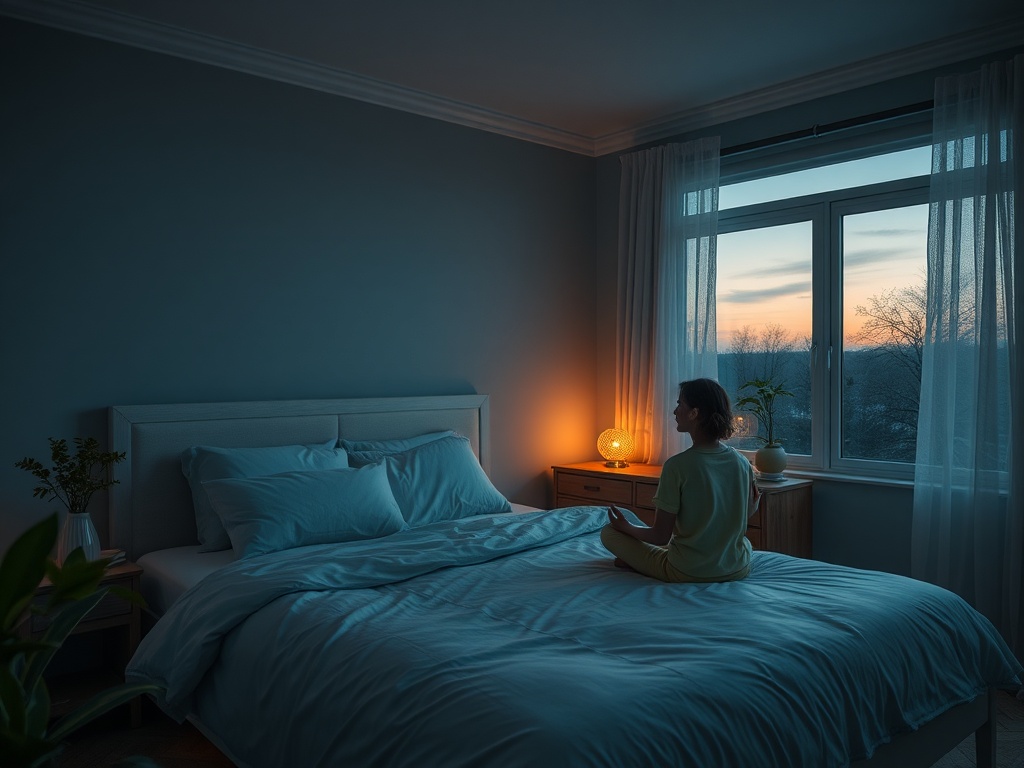 A cozy bedroom at dusk, soft lighting, a person meditating by the bed, breathing exercises on a bedside table, calming greens and natural textures.