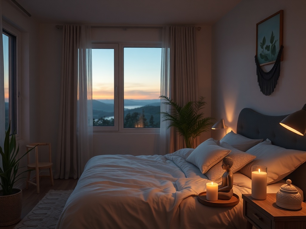 A cozy bedroom at dusk, soft lighting, a person meditating by the bed, breathing exercises on a bedside table, calming greens and natural textures.