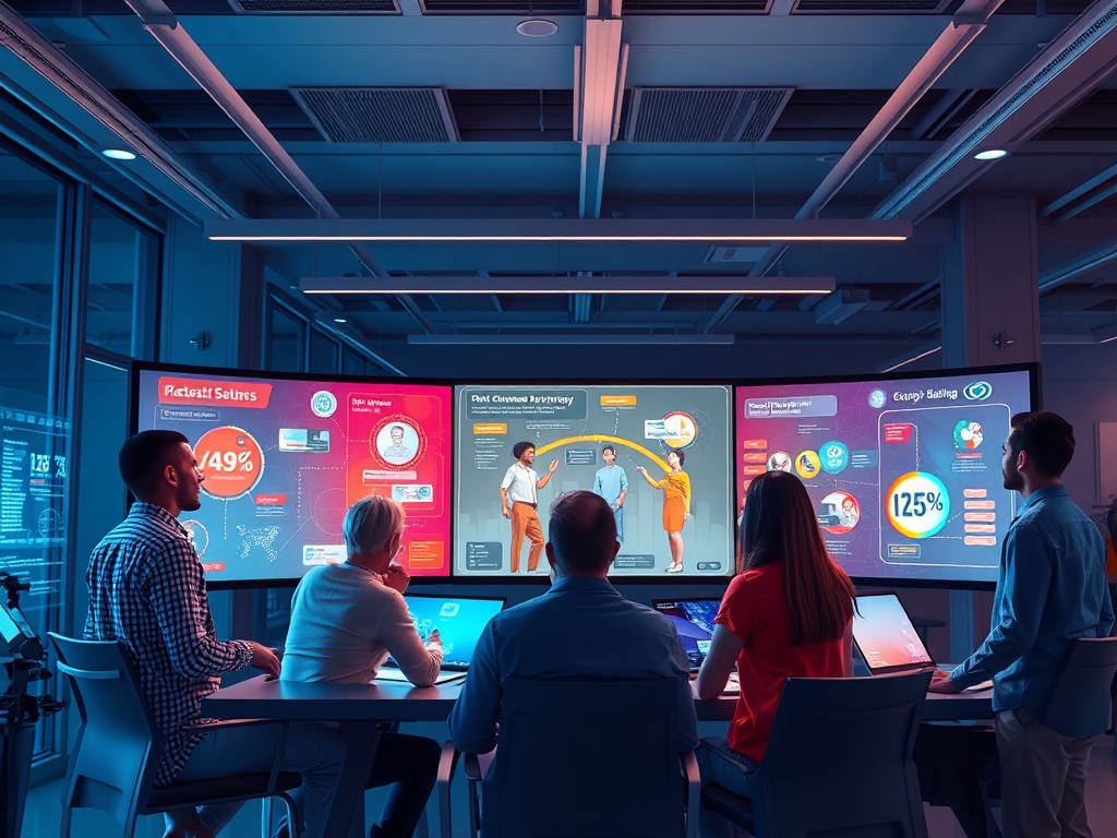 A vivid, modern workspace showing a diverse team designing a seamless customer journey on holographic screens, with light data flows, vibrant personas, and a roadmap.