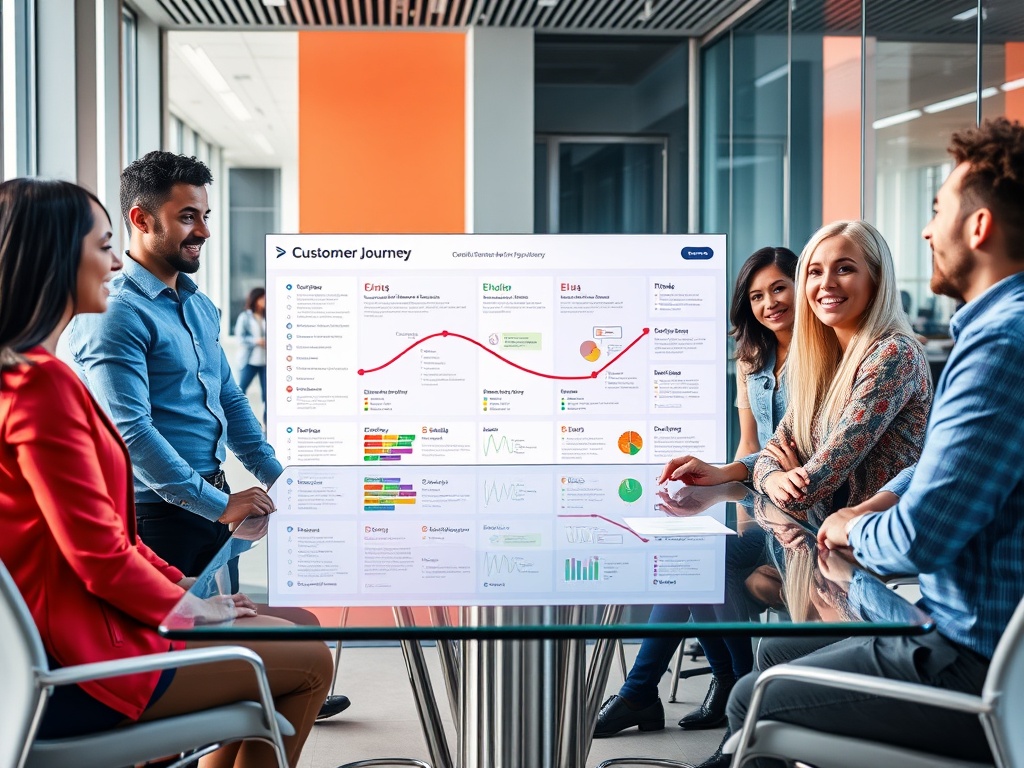A vibrant, modern business scene with a diverse group around a glass table, mapping a customer journey on a large digital dashboard, bright colors, confident expressions. "