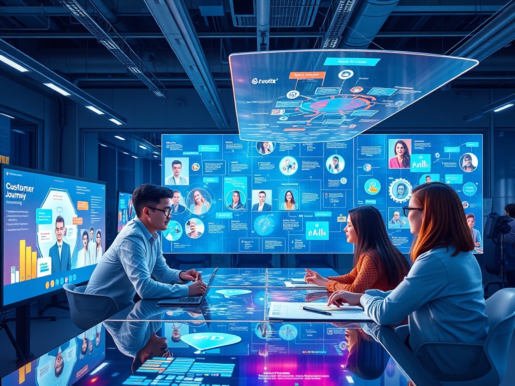 A vivid, modern workspace showing a diverse team designing a seamless customer journey on holographic screens, with light data flows, vibrant personas, and a roadmap.