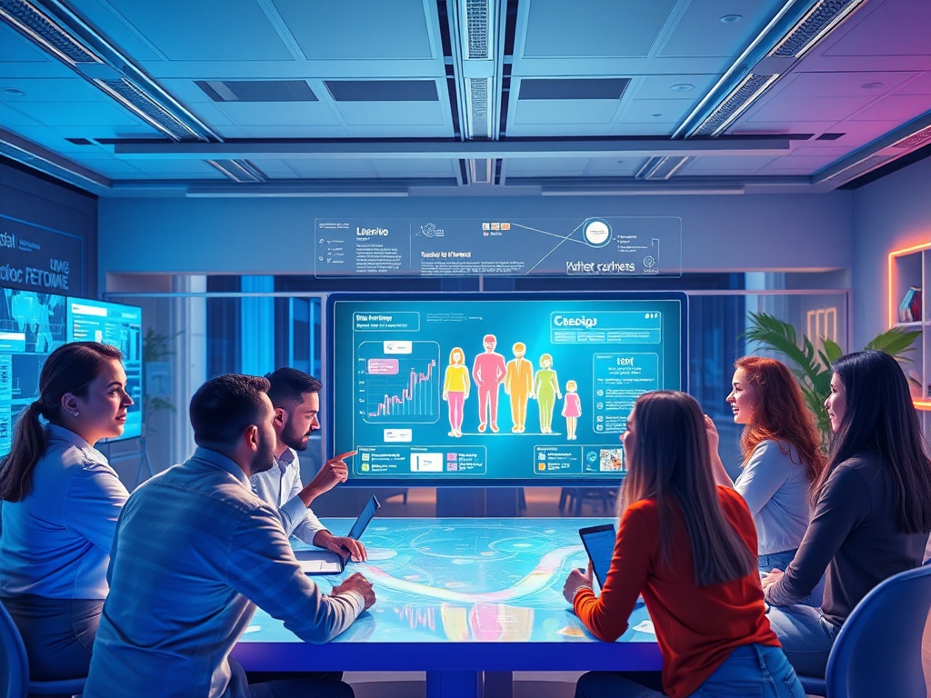 A vivid, modern workspace showing a diverse team designing a seamless customer journey on holographic screens, with light data flows, vibrant personas, and a roadmap.