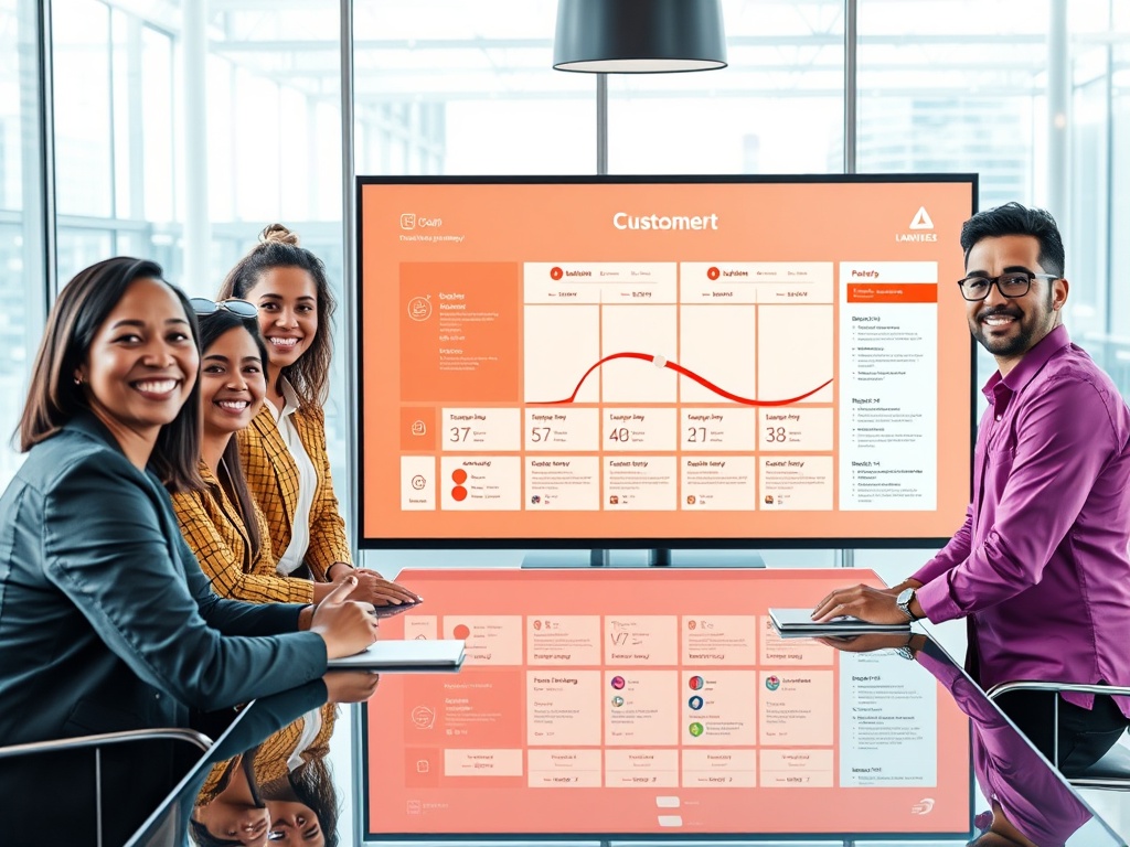 A vibrant, modern business scene with a diverse group around a glass table, mapping a customer journey on a large digital dashboard, bright colors, confident expressions. "