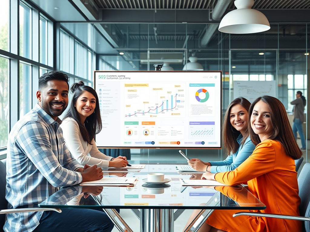 A vibrant, modern business scene with a diverse group around a glass table, mapping a customer journey on a large digital dashboard, bright colors, confident expressions. "