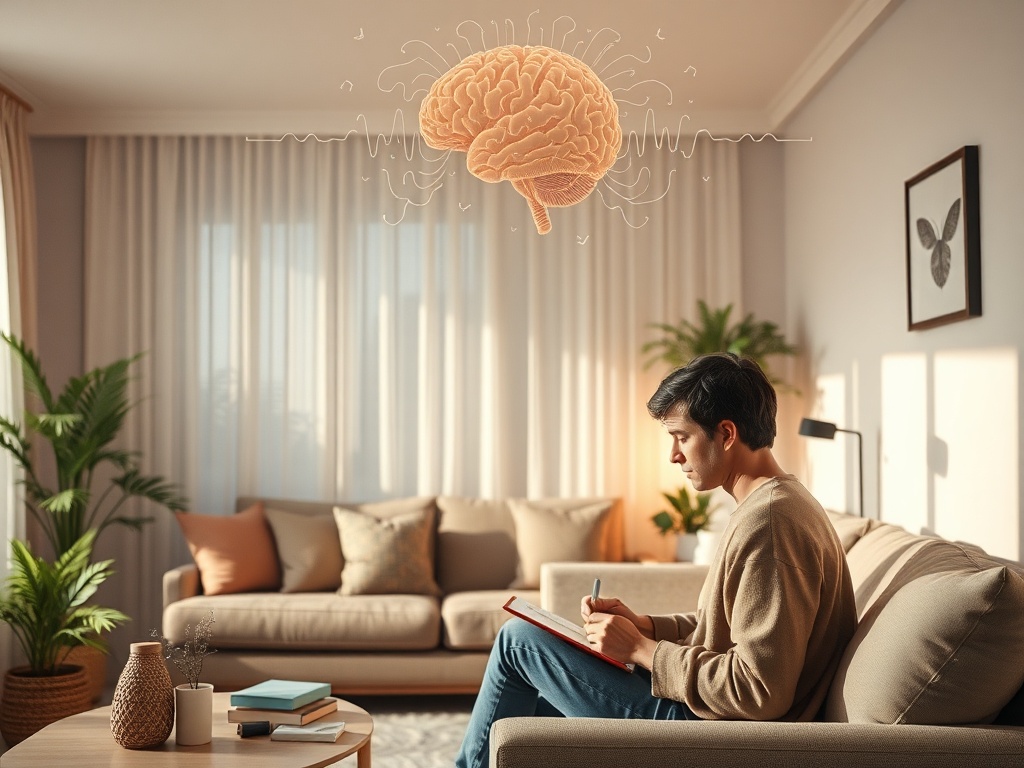 A calm living room scene with soft lighting, a thoughtful person journaling, subtle brainwave patterns above, warm colors, no logos or brands.