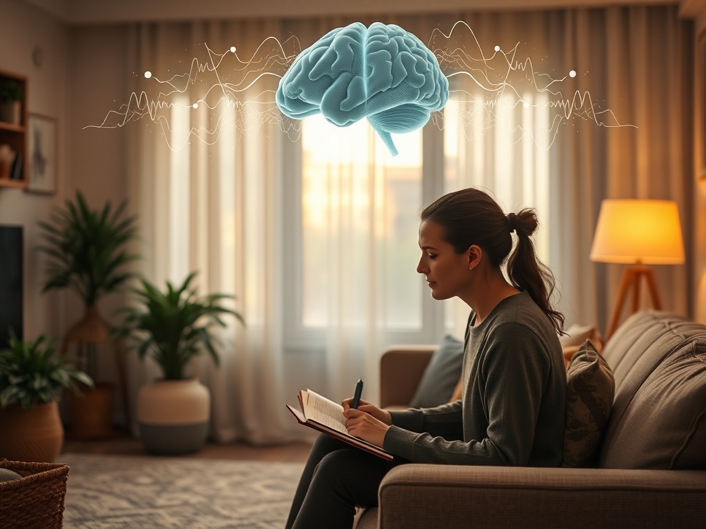 A calm living room scene with soft lighting, a thoughtful person journaling, subtle brainwave patterns above, warm colors, no logos or brands.