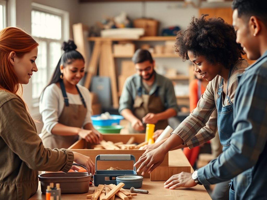 “warm community workshop scene” “diverse trainees and instructors building” “toolbox and building materials” “safe, bright learning space” “hands joining in support”