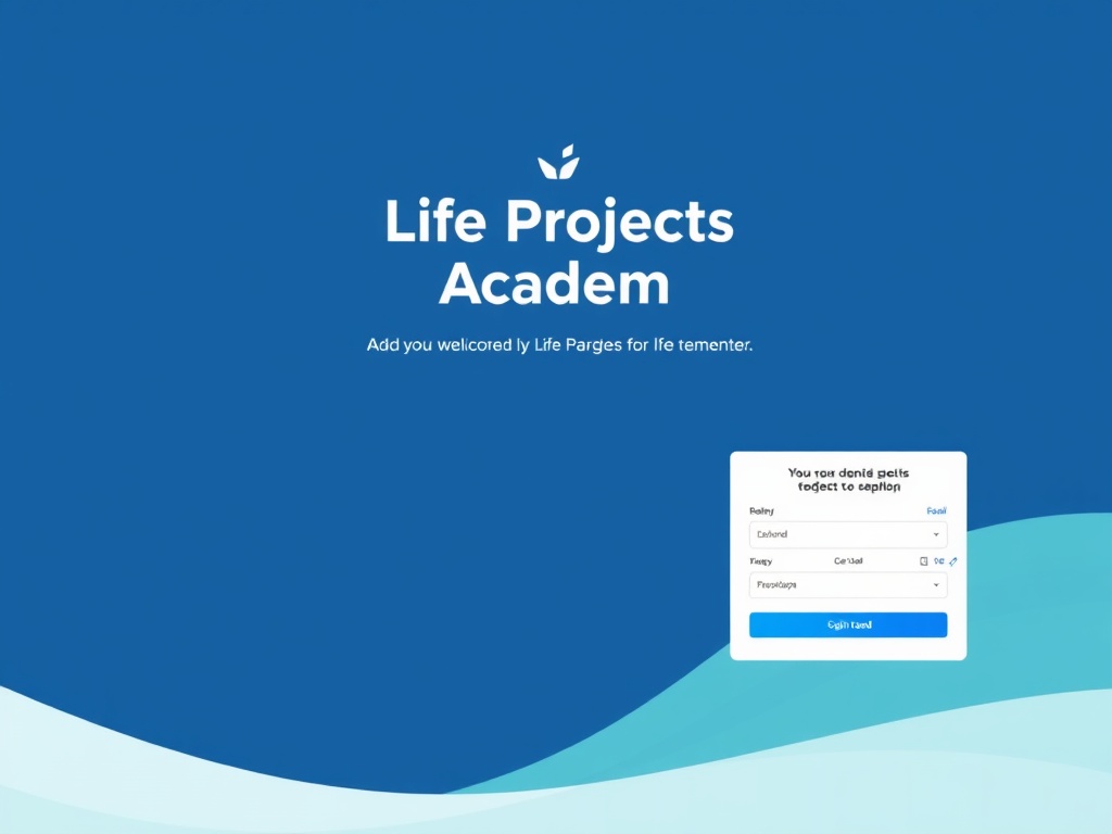"A welcoming, modern login portal for Life Projects Academy, soft blue and teal tones, clean UI with dashboard previews, subtle icons, supportive atmosphere, no logos."