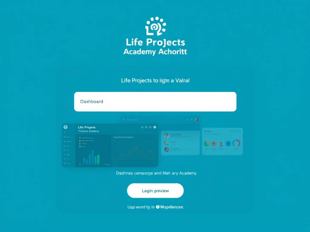 "A welcoming, modern login portal for Life Projects Academy, soft blue and teal tones, clean UI with dashboard previews, subtle icons, supportive atmosphere, no logos."