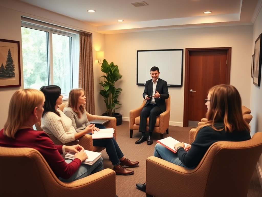"Warm, inviting training room" "small group practicing hypnosis" "calm facilitator guiding participant into trance" "soft lighting, cozy chairs, notebooks" "professional, ethical atmosphere"
