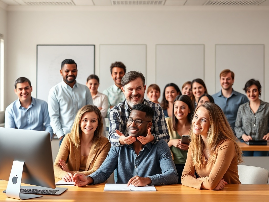 "diverse smiling adults in classroom" "trainer demonstrating roleplay with participant" "mixed online-offline training setup" "warm natural lighting" "calm professional atmosphere"