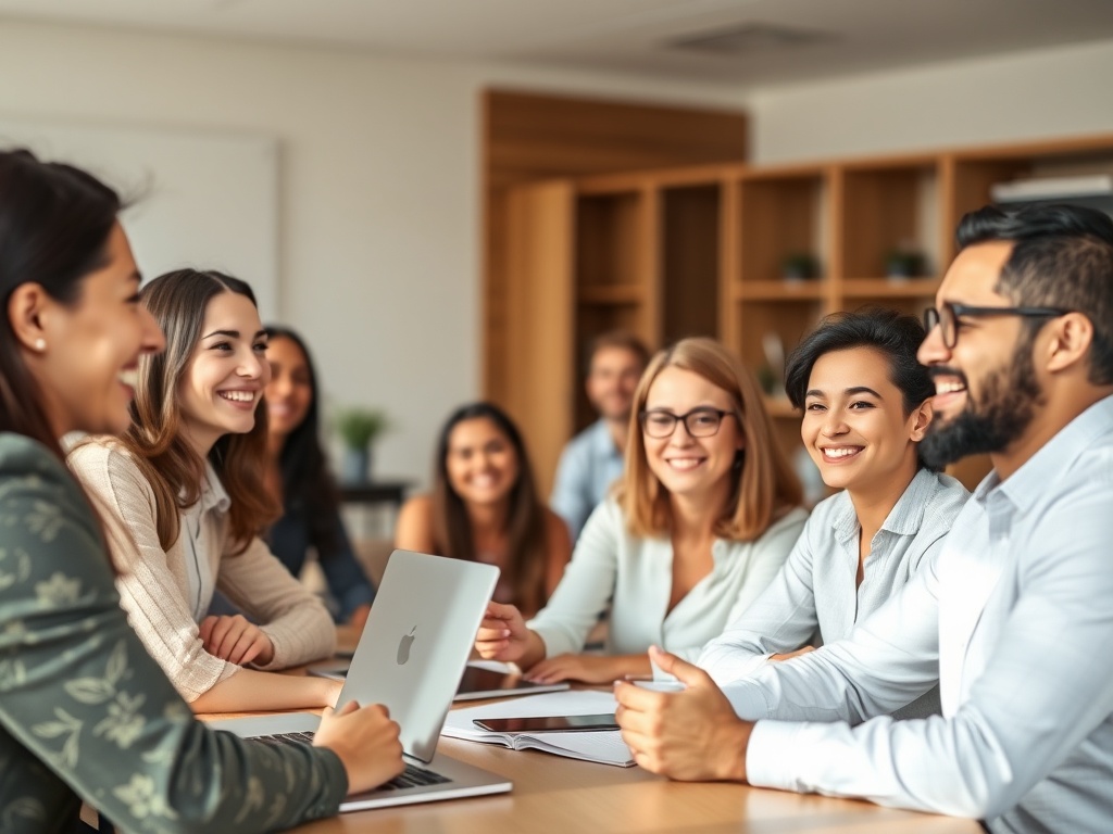 "diverse smiling adults in classroom" "trainer demonstrating roleplay with participant" "mixed online-offline training setup" "warm natural lighting" "calm professional atmosphere"