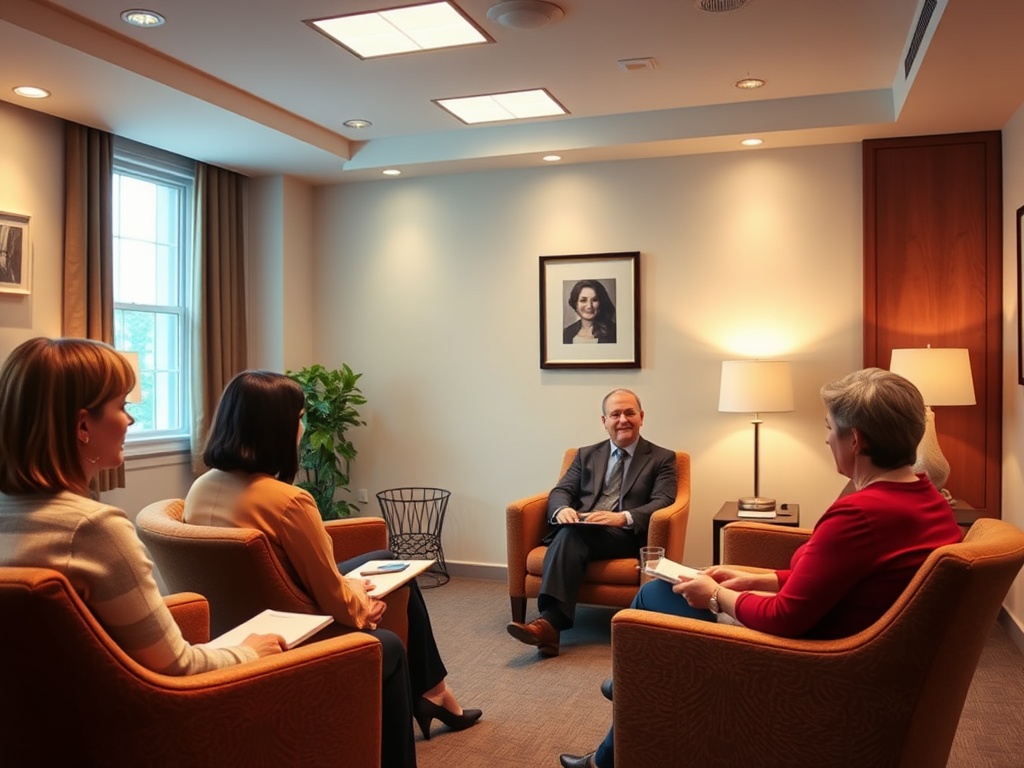 "Warm, inviting training room" "small group practicing hypnosis" "calm facilitator guiding participant into trance" "soft lighting, cozy chairs, notebooks" "professional, ethical atmosphere"