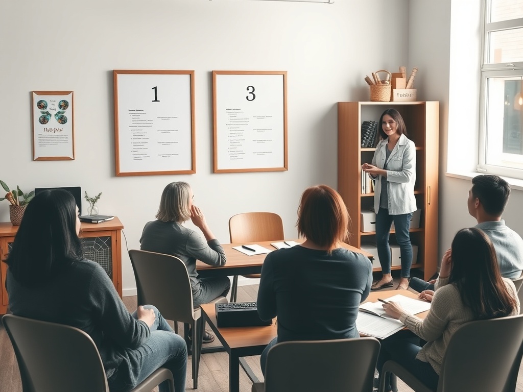 "Cozy classroom" "three framed posters numbered 1-3" "therapist guiding small group" "audio player and scripts on table" "supportive community circle"