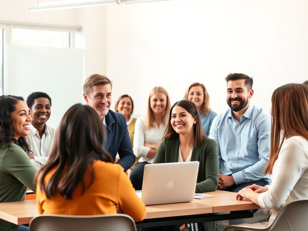 "diverse smiling adults in classroom" "trainer demonstrating roleplay with participant" "mixed online-offline training setup" "warm natural lighting" "calm professional atmosphere"