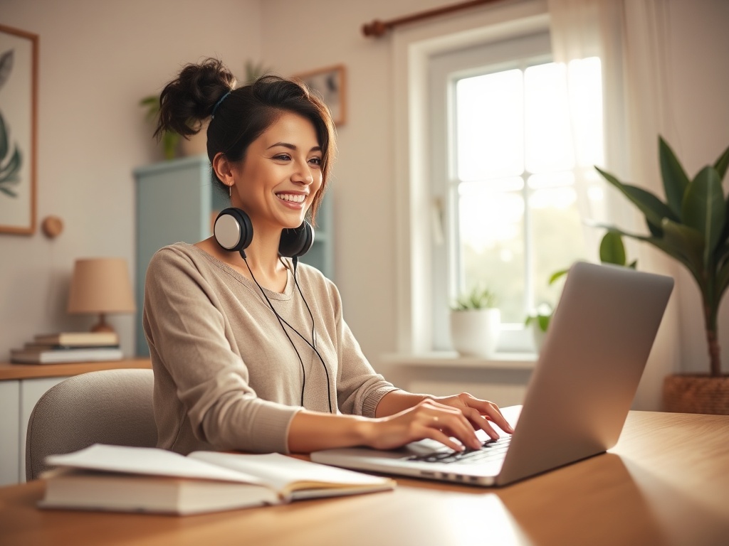 "warm cozy home office" "female teacher smiling at laptop" "soft natural light through window" "notebook, headphones, calming decor" "gentle tranquil colors"