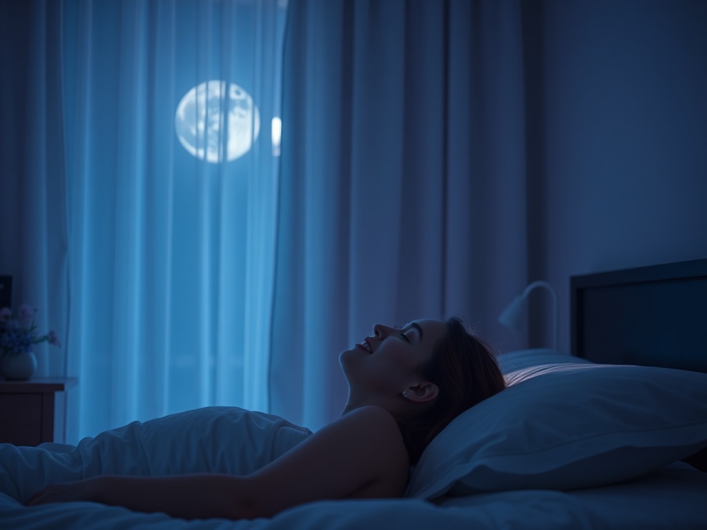 "peaceful bedroom at night" "soft moonlight through sheer curtains" "person relaxed on bed, eyes closed, gentle smile" "subtle ethereal glow around head" "calm blue and lavender tones"